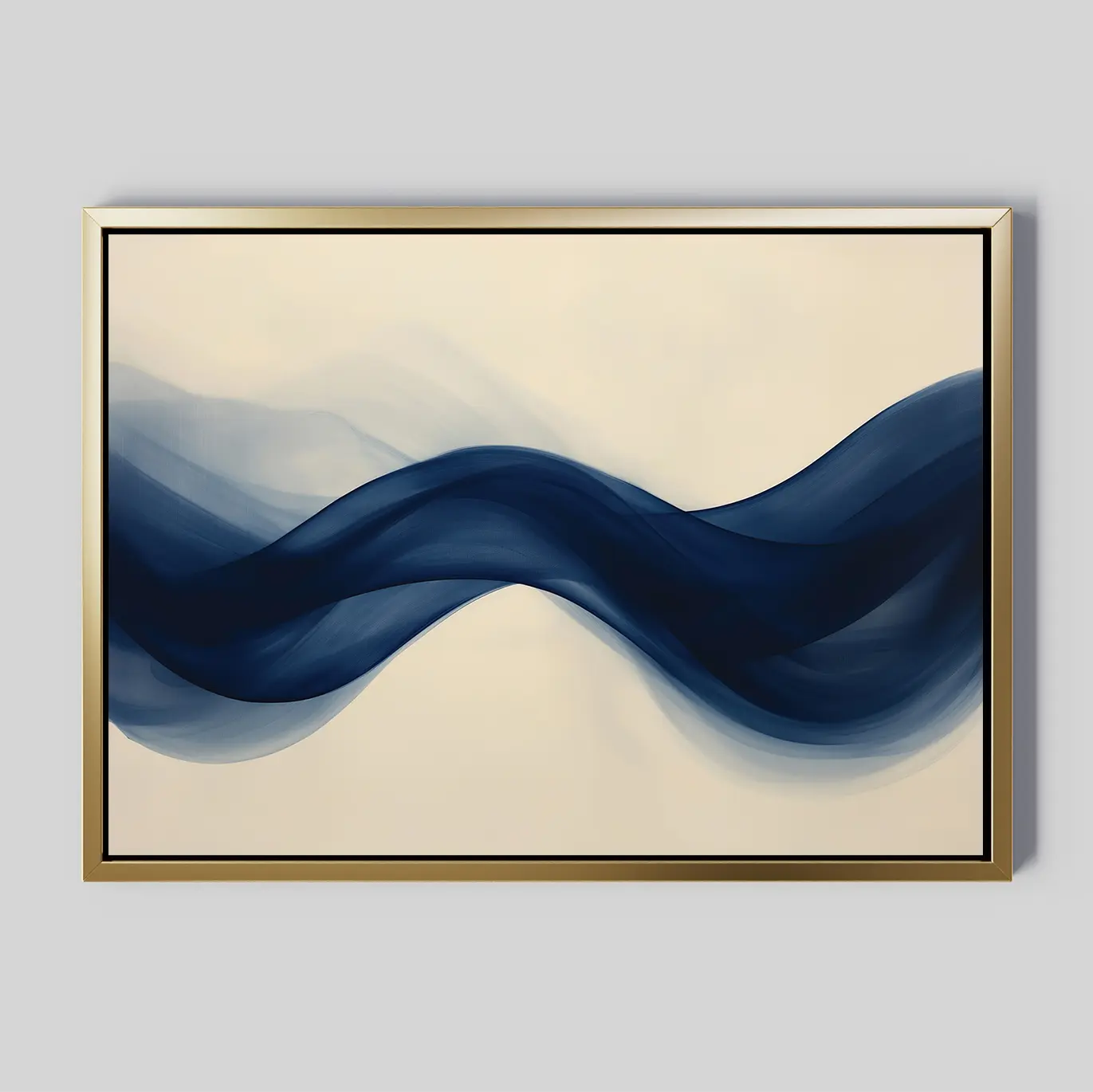Flowing Indigo Canvas Art features a wavy dark blue design on a light beige backdrop, framed in slim gold. Ideal for minimalist interiors, this modern wall art brings motion and fluidity to your space.