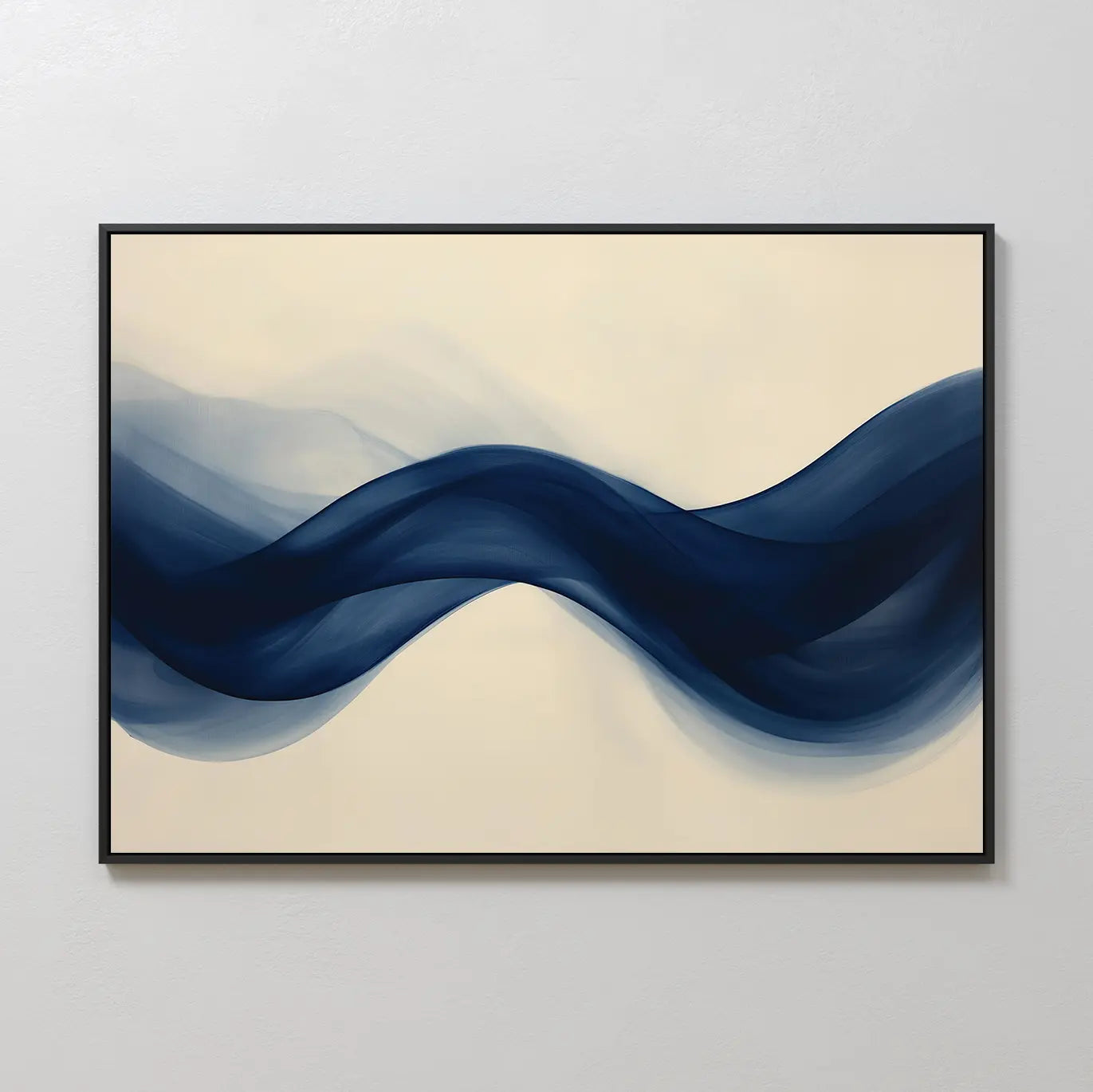 Flowing Indigo Canvas Art features bold, S-shaped blue waves on a light beige background and comes framed in black—an ideal modern wall art piece to elevate any minimalist space.