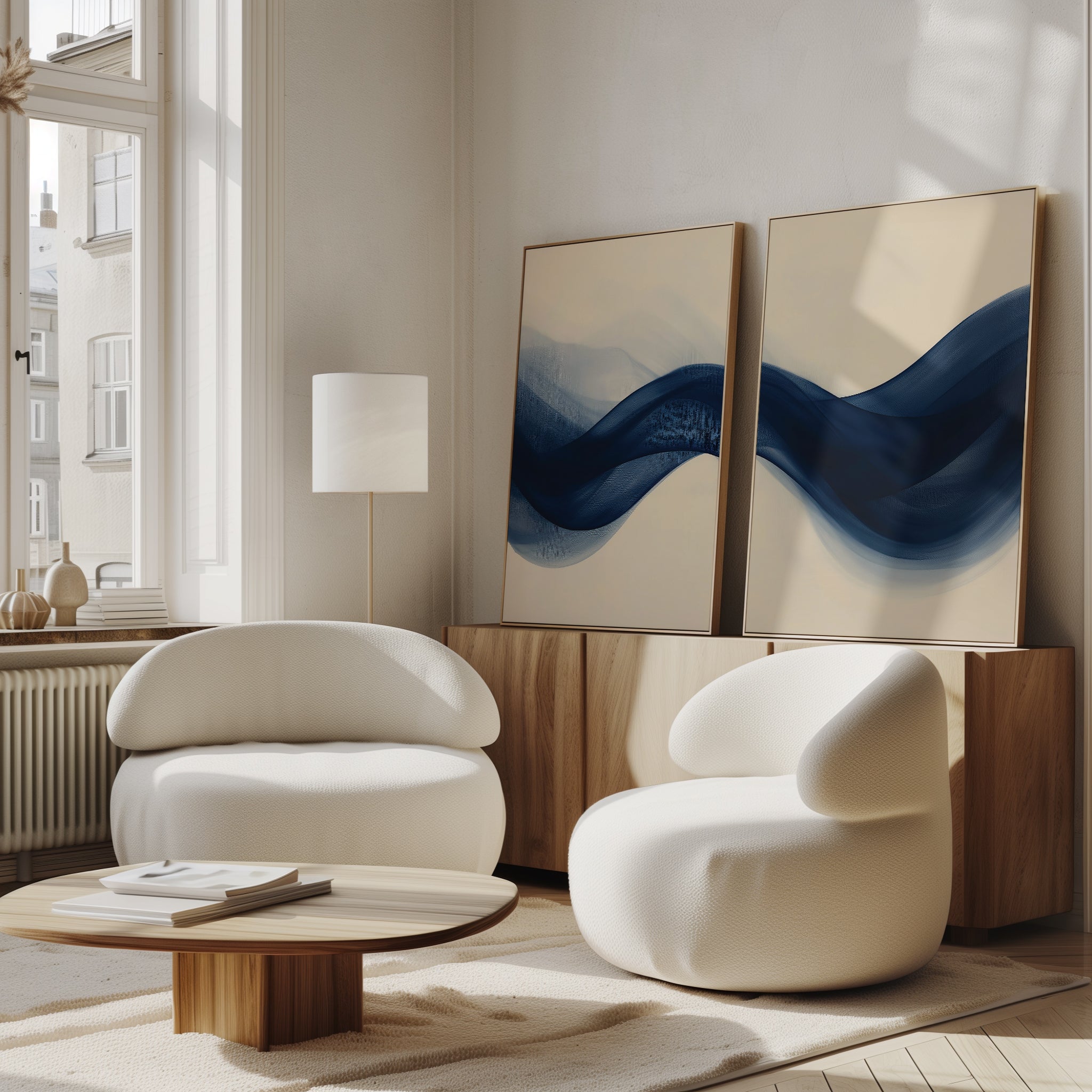 A modern living room with two white rounded armchairs, a low wooden coffee table, and the Flowing Indigo Set of 2 abstract blue wall art leaning against a sideboard. Large windows bring in natural light for a bright, airy feel.