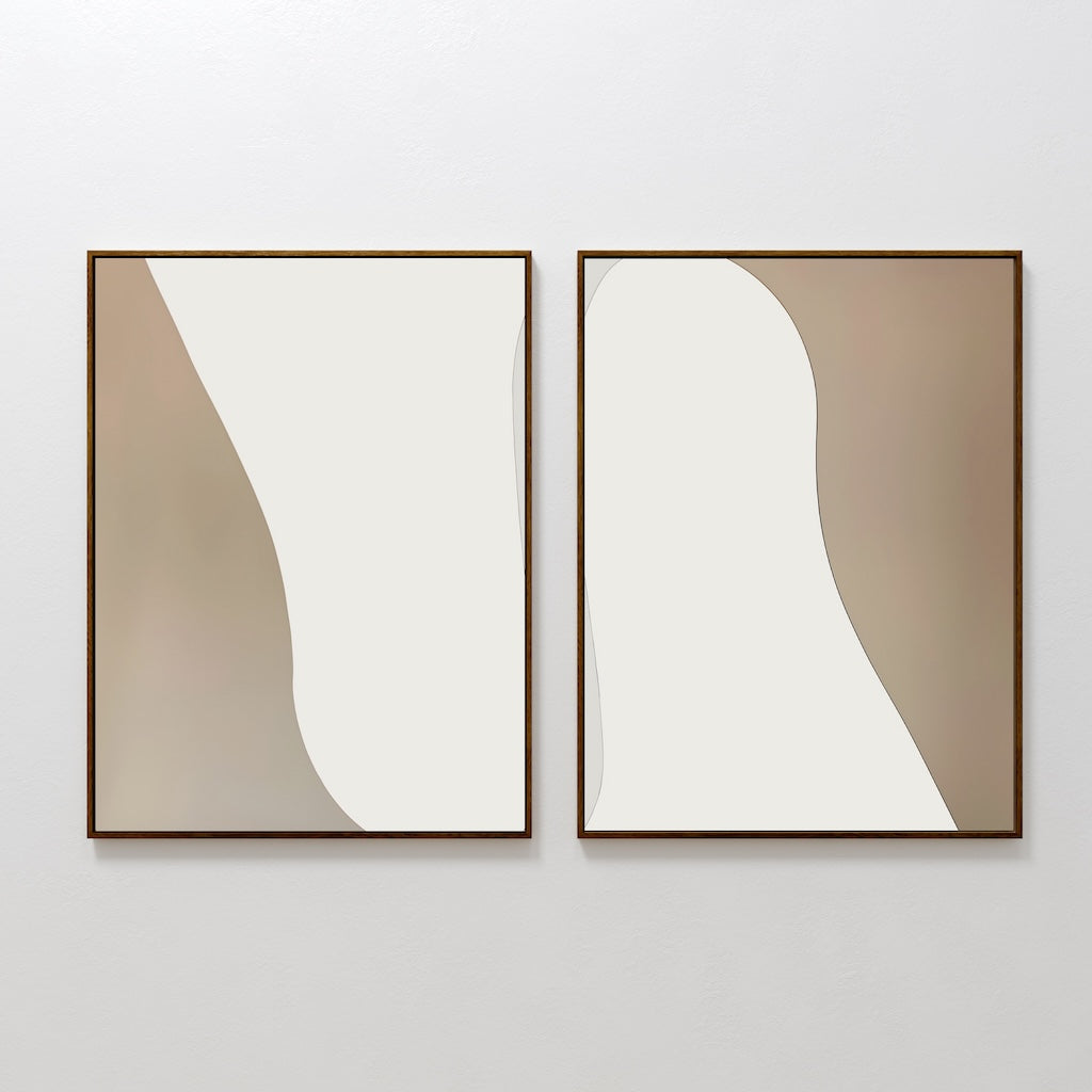 Flowing Silhouettes Set of 2 features abstract art prints in brown frames with curved beige and white shapes, bringing a modern, minimalistic touch to your living room wall decor.