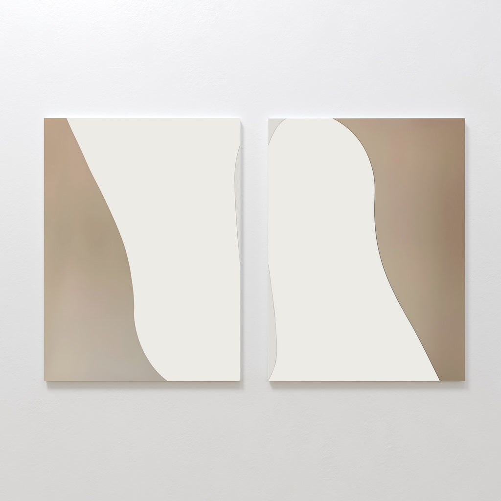 The Flowing Silhouettes Set of 2 features abstract paintings with smooth, flowing shapes in beige and off-white, hanging side by side—ideal modern wall art for minimalist living room decor.