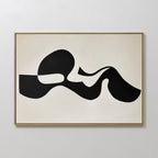 Fluid Forms Abstract Canvas Art features a bold, black flowing shape with rounded edges on white, framed in light wood—ideal minimalist wall decor for any modern space.