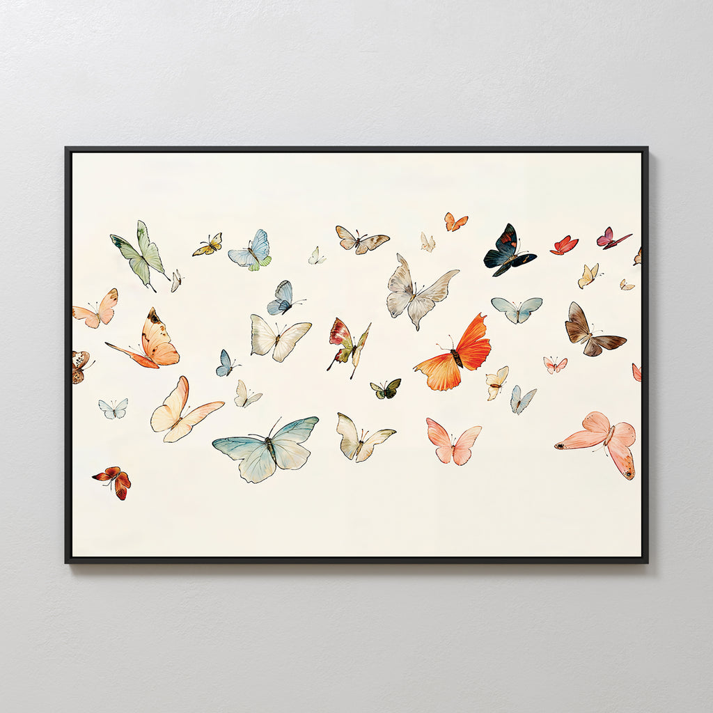 The Fluttering Dreams Abstract Canvas Art showcases vibrant butterflies in flight on a neutral background, bringing a sense of movement and elegance—ideal for minimalist wall decor.