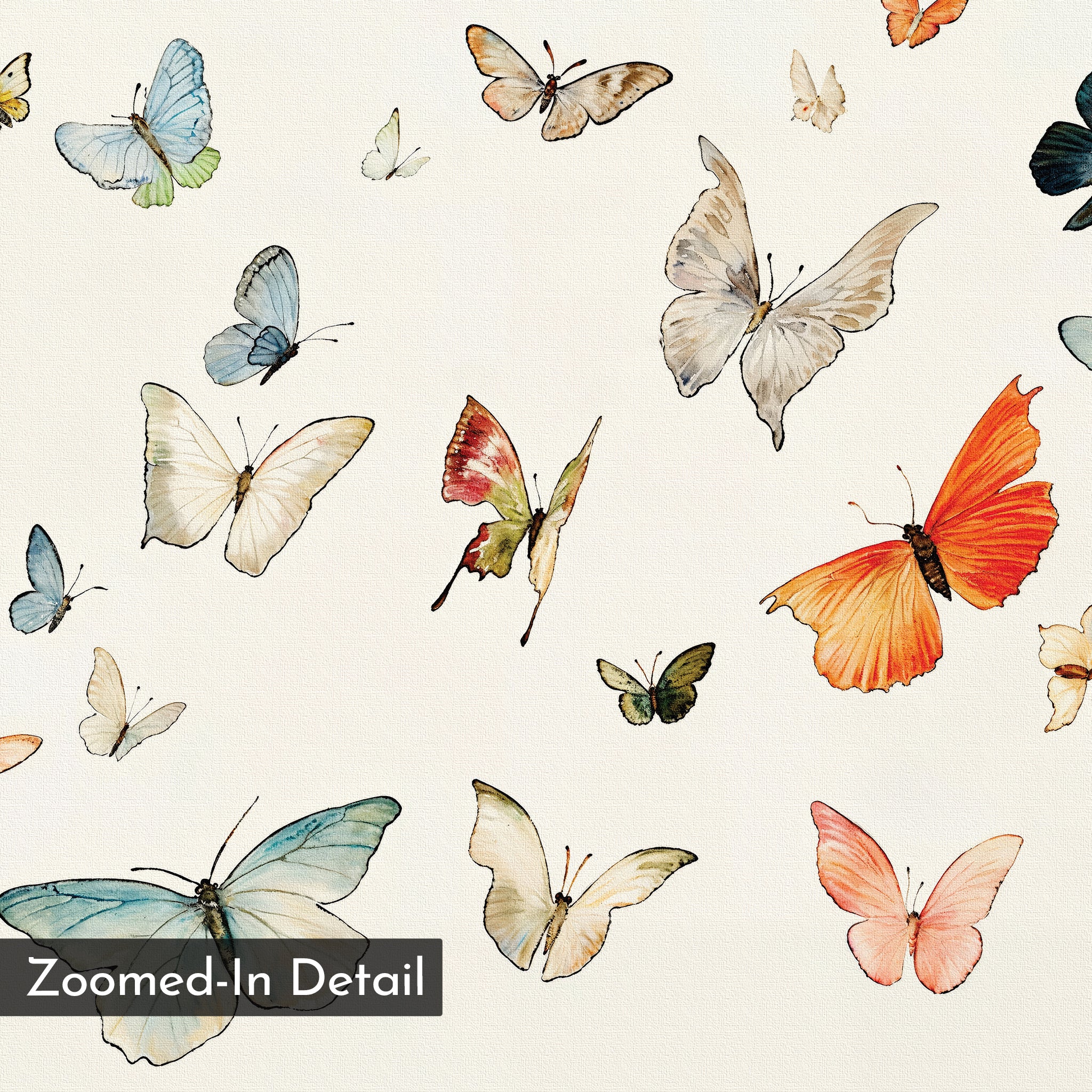 Fluttering Dreams Abstract Canvas Art features colorful watercolor butterflies of various sizes and patterns on a light background. Perfect for living room decor, this minimalist wall art adds charm and includes a Zoomed-In Detail label in the corner.