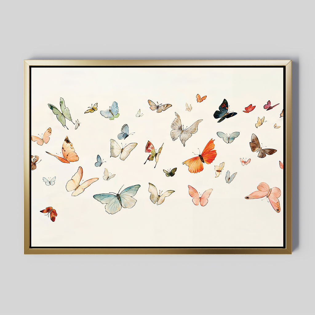 Fluttering Dreams Abstract Canvas Art features vibrant butterflies in orange, blue, yellow, and brown on a light, neutral backdrop—ideal minimalist wall decor for any room.