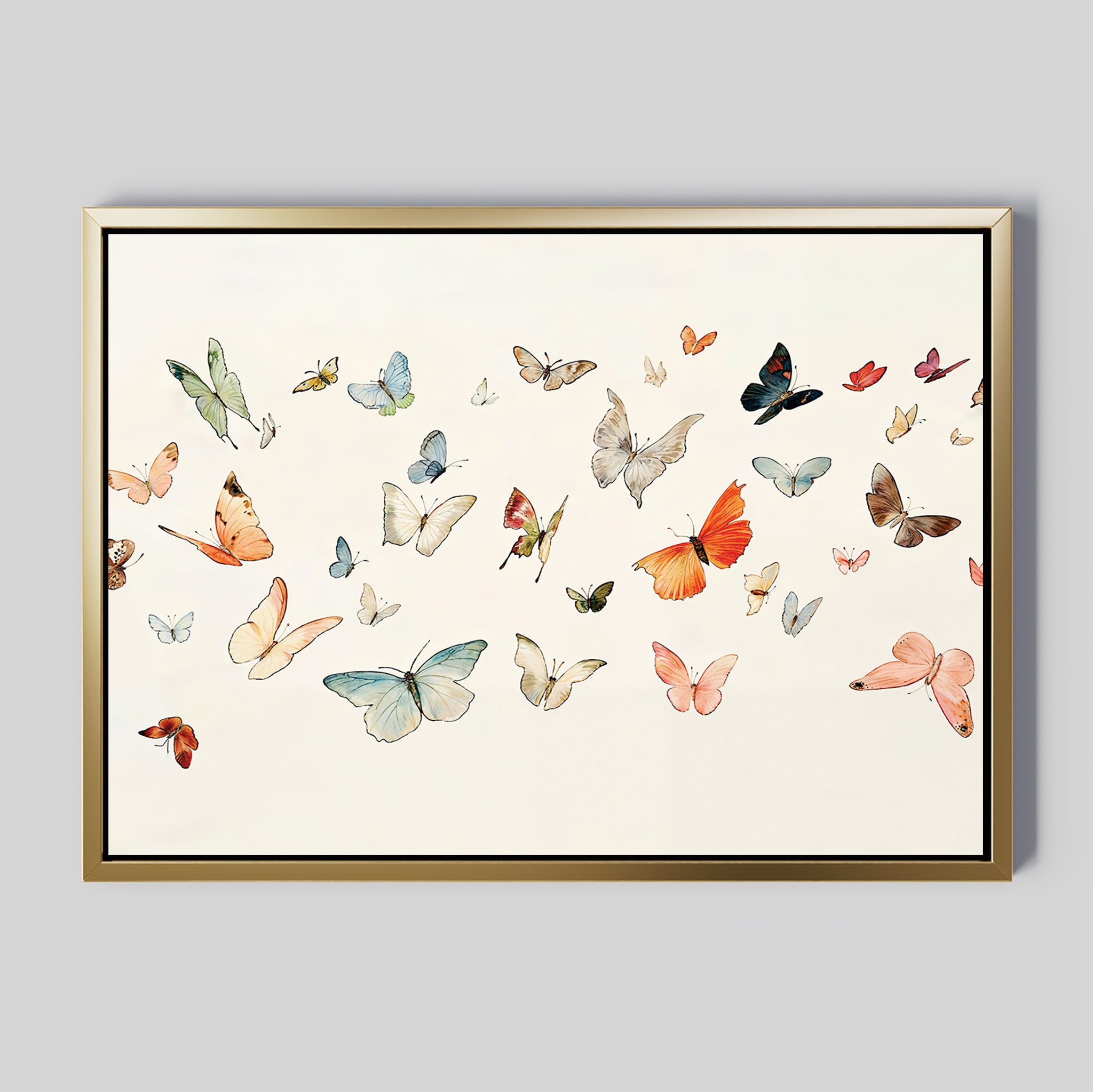 Fluttering Dreams Abstract Canvas Art features vibrant butterflies in orange, blue, yellow, and brown on a light, neutral backdrop—ideal minimalist wall decor for any room.