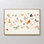 The Fluttering Dreams Abstract Canvas Art features colorful butterflies of various sizes on a neutral background, arranged to evoke movement and lightness—ideal minimalist wall decor for any space.
