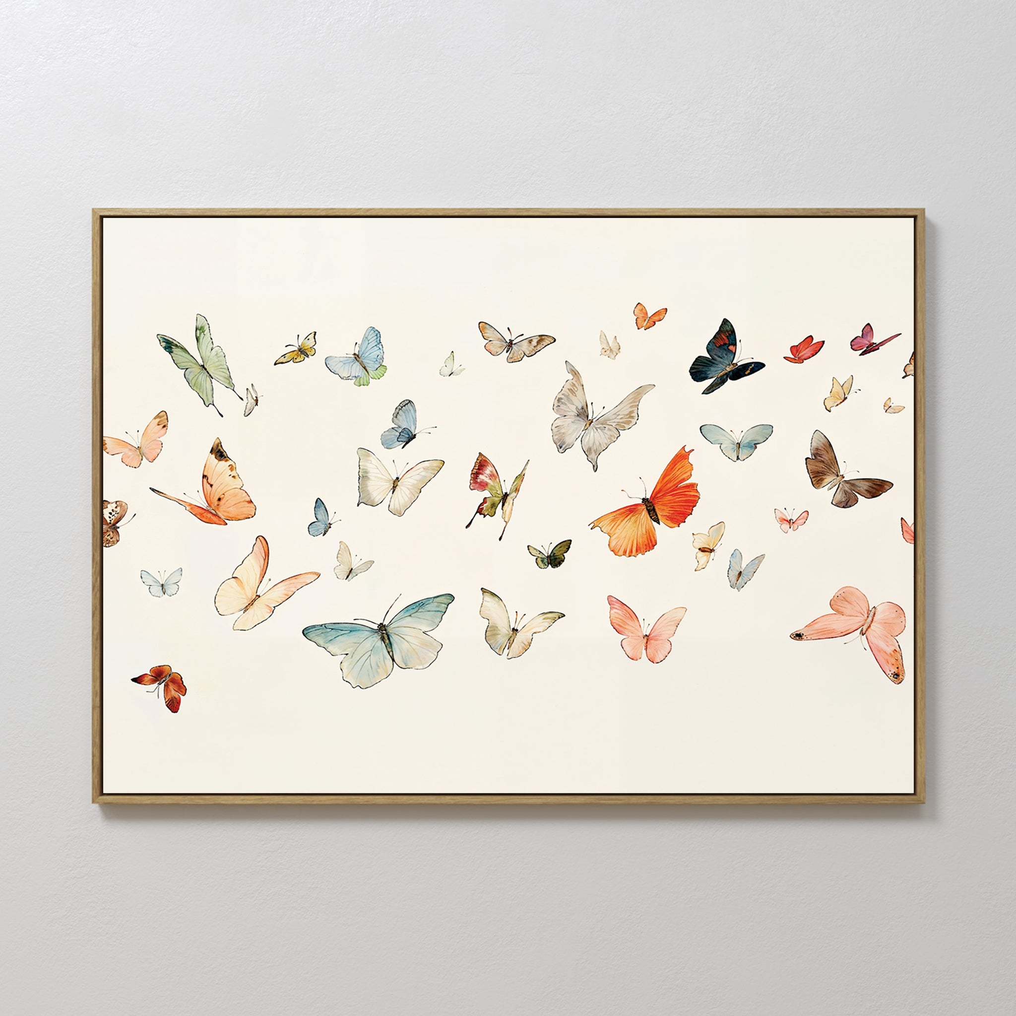 The Fluttering Dreams Abstract Canvas Art features colorful butterflies of various sizes on a neutral background, arranged to evoke movement and lightness—ideal minimalist wall decor for any space.