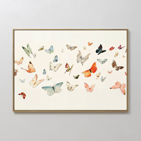 The Fluttering Dreams Abstract Canvas Art features colorful butterflies of various sizes on a neutral background, arranged to evoke movement and lightness—ideal minimalist wall decor for any space.