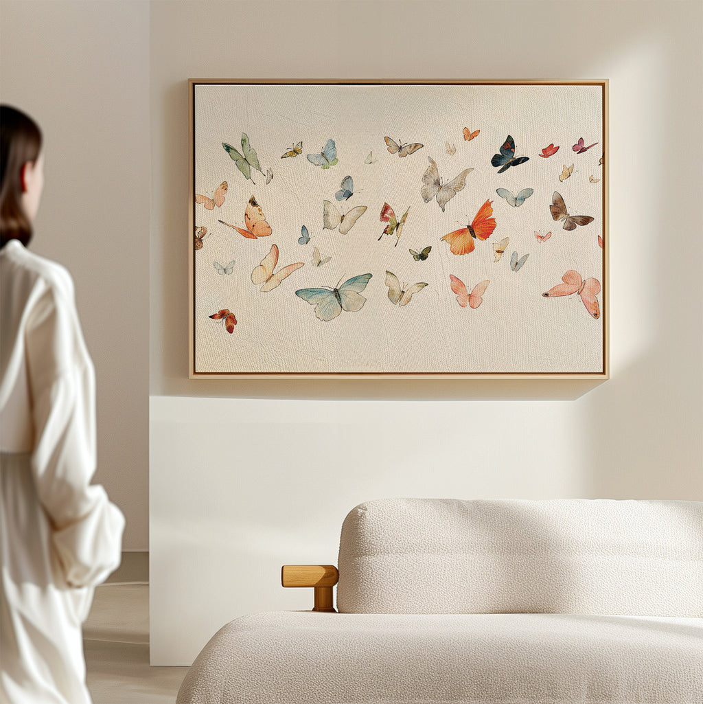 A person stands in a softly lit room, admiring the Fluttering Dreams Abstract Canvas Art—a large piece featuring colorful butterflies on a light background—hanging above a beige textured sofa as minimalist wall decor.