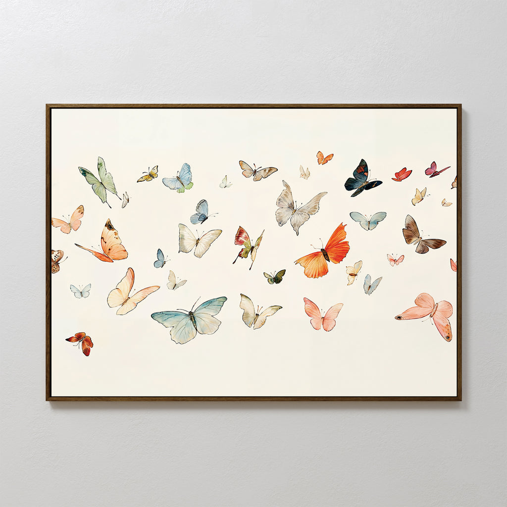 Fluttering Dreams Abstract Canvas Art showcases a vibrant array of colorful butterflies of different sizes and species on a light background, creating the illusion they are fluttering across the canvas.
