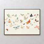 Fluttering Dreams Abstract Canvas Art showcases a vibrant array of colorful butterflies of different sizes and species on a light background, creating the illusion they are fluttering across the canvas.
