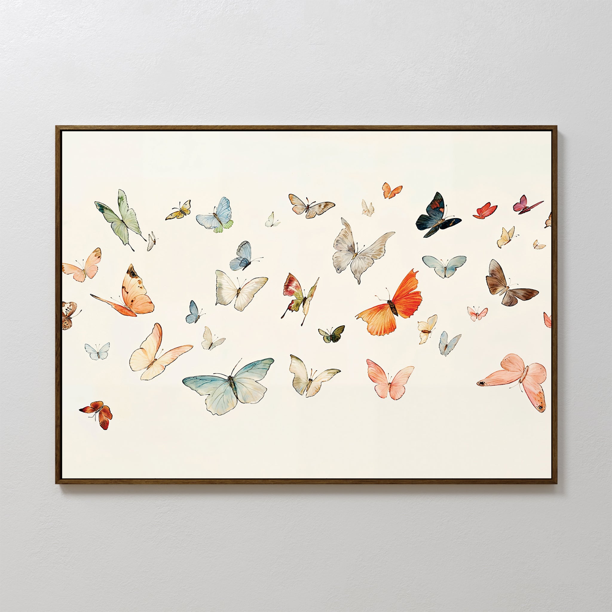 Fluttering Dreams Abstract Canvas Art showcases a vibrant array of colorful butterflies of different sizes and species on a light background, creating the illusion they are fluttering across the canvas.