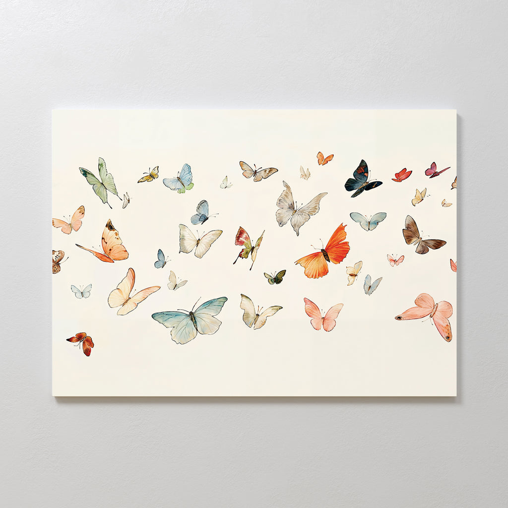 Fluttering Dreams Abstract Canvas Art features vibrant butterflies in flight on a crisp white background—a lively, airy piece ideal for those seeking minimalist decor or elegant nature-inspired wall art.