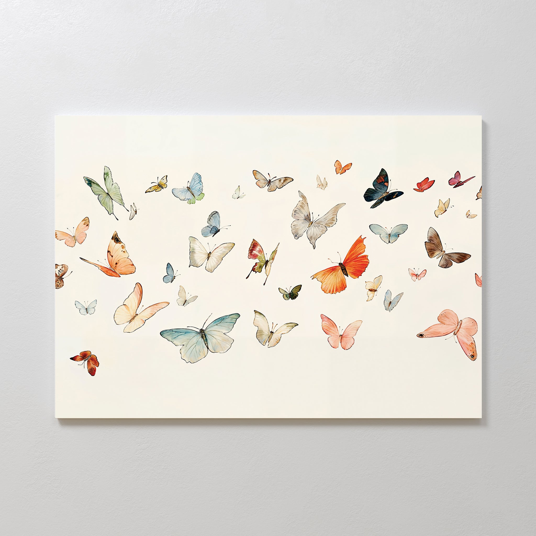 Fluttering Dreams Abstract Canvas Art features vibrant butterflies in flight on a crisp white background—a lively, airy piece ideal for those seeking minimalist decor or elegant nature-inspired wall art.