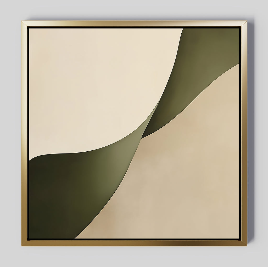 Forest Flow Canvas Art features abstract curved shapes in beige and olive green, set in a slim gold frame. Its smooth lines offer a modern, minimalist touch—ideal as wall art for any contemporary decor.