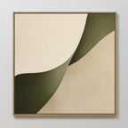 Forest Flow Canvas Art features abstract curved shapes in olive green, beige, and cream. Overlapping forms create movement and contrast—a perfect minimalist wall art print in a simple light wood frame.