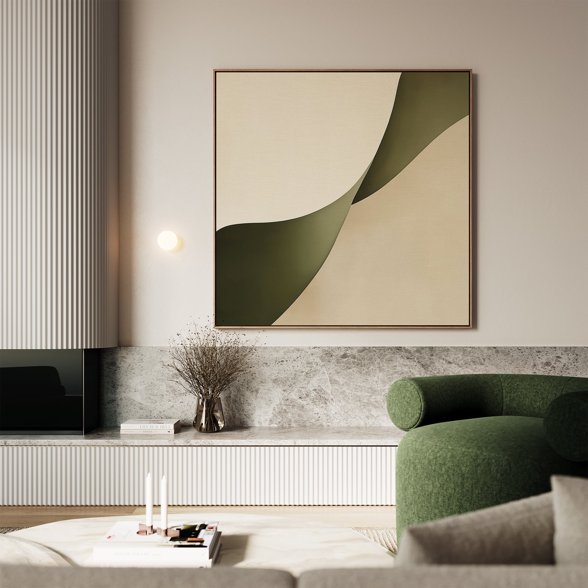 A modern living room with minimalist decor, soft neutral walls, a round green sofa, a marble shelf with dried florals, and the Forest Flow Canvas Art—a large abstract painting in beige and green tones.