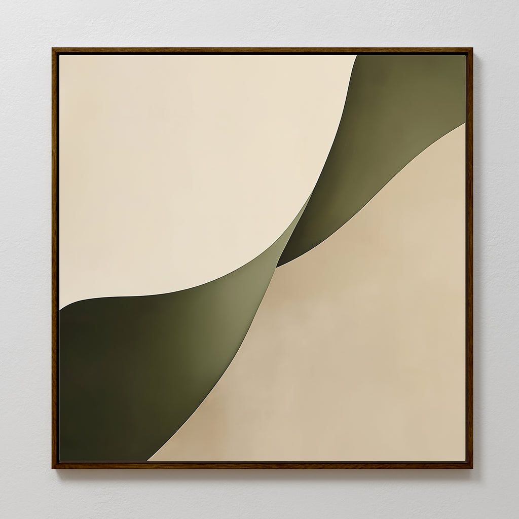Forest Flow Canvas Art features abstract flowing curves in beige and olive green, adding gentle movement. This minimalist wall art is presented in a dark brown frame and displayed on a plain white wall as a stylish decor accent.