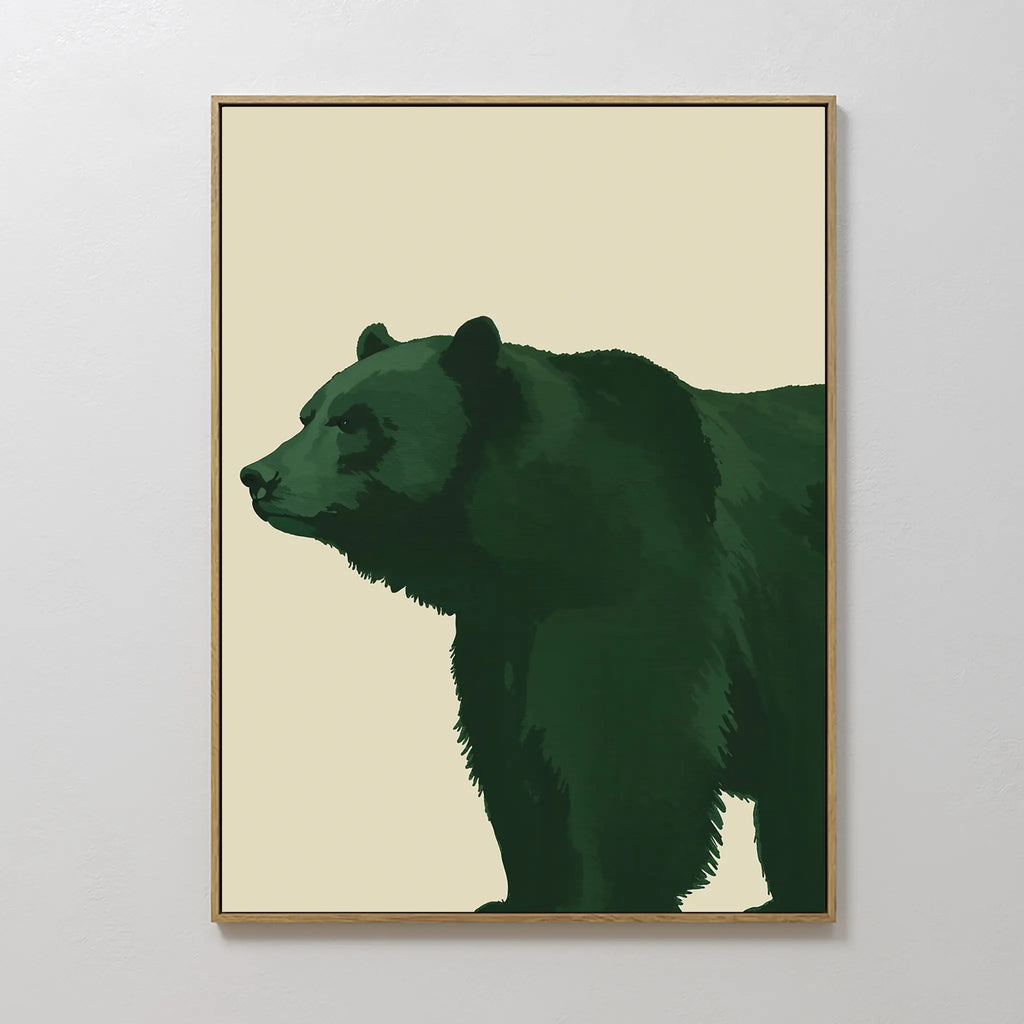 Forest Guardian Canvas Art features a minimalist dark green bear on a light beige background, set in a sleek gold frame—ideal as green bear wall art to enhance your modern rustic decor.
