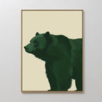 Forest Guardian Canvas Art features a minimalist dark green bear on a light beige background, set in a sleek gold frame—ideal as green bear wall art to enhance your modern rustic decor.