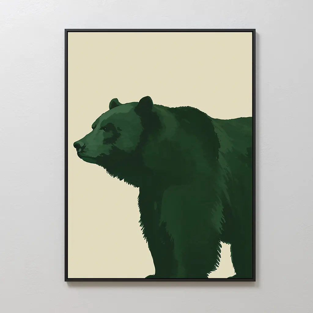 Forest Guardian Canvas Art features a dark green bear in profile on a light beige background with minimalist details and a thin black border—ideal for modern rustic or wilderness-themed wall decor.