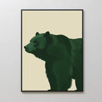 Forest Guardian Canvas Art features a dark green bear in profile on a light beige background with minimalist details and a thin black border—ideal for modern rustic or wilderness-themed wall decor.