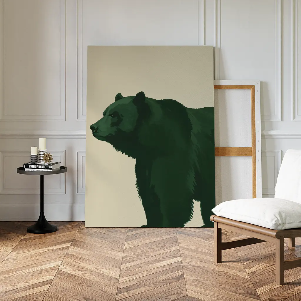 A minimalist living room with a white chair, black side table, and Forest Guardian Canvas Art featuring a green bear leaning against the wall on a wooden herringbone floor for a modern rustic vibe.