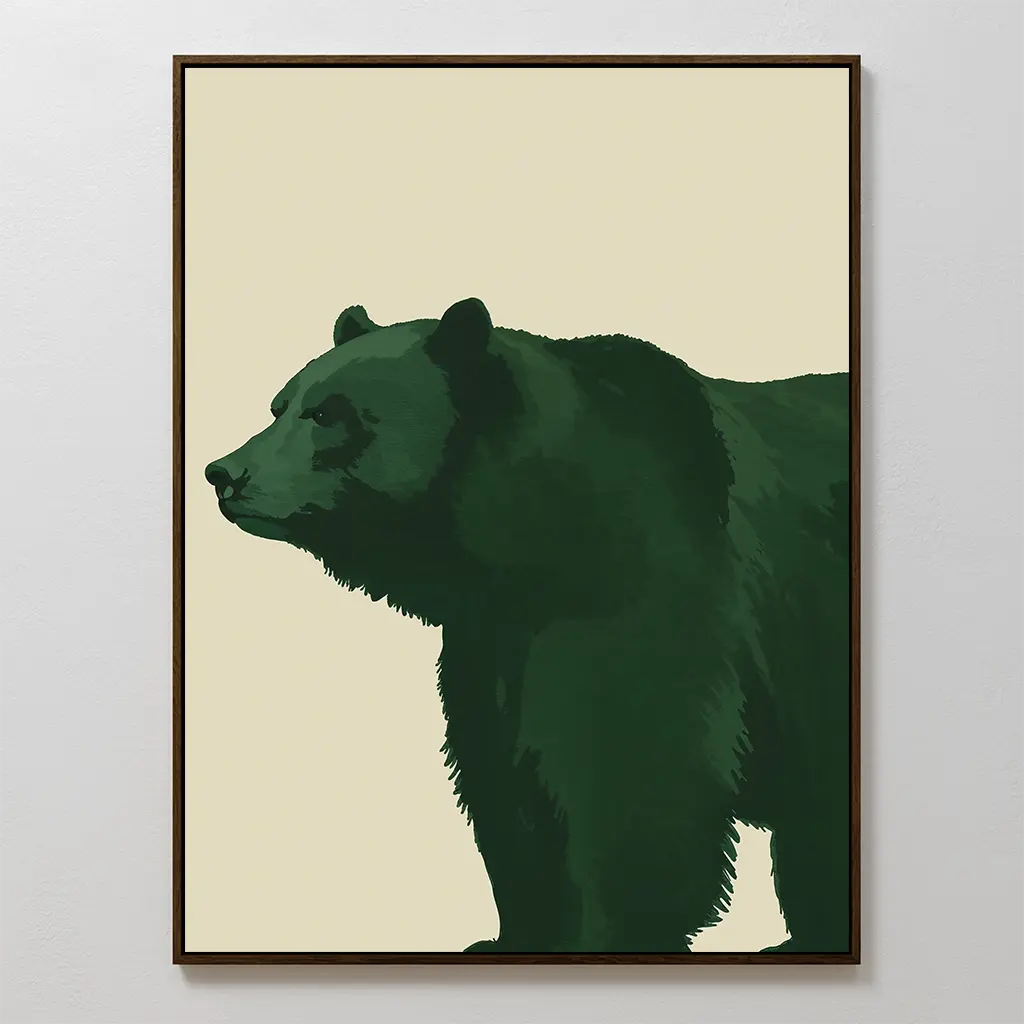 The Forest Guardian Canvas Art displays a dark green bear in profile on a light beige background, framed with a slim dark border—ideal for introducing modern rustic decor to your space.
