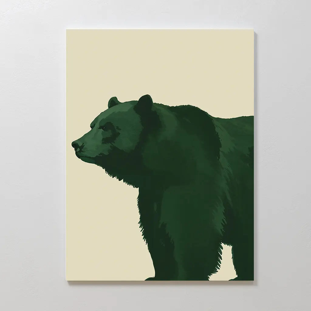 Forest Guardian Canvas Art features a minimalist dark green bear in profile on a light beige background. This bold piece adds modern rustic charm and wilderness style, making it ideal green bear wall art for any space.