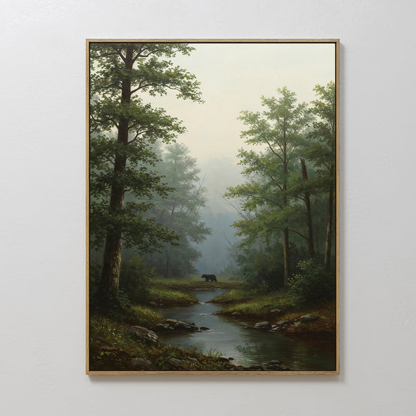 The Forest Passage Canvas Art features a misty forest with tall trees, a stream, and a black bear by the water—ideal as forest or rustic bedroom decor, this tranquil wall art adds greenery and calm to any space.
