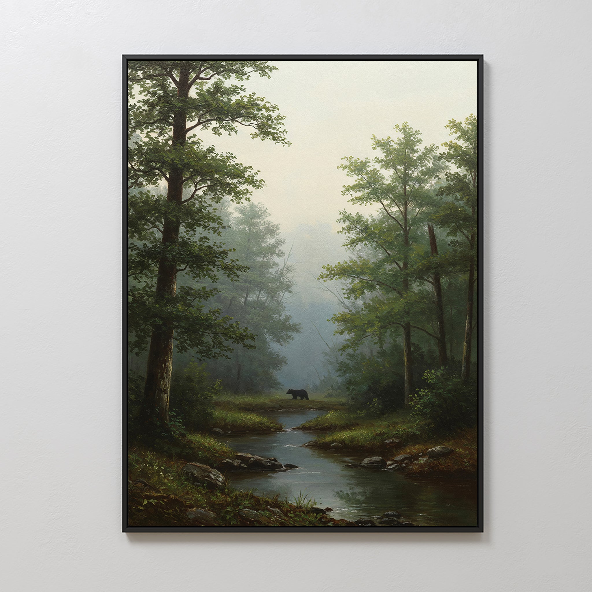 Add serenity to your rustic bedroom with the Forest Passage Canvas Art—a framed print featuring tall trees, a stream, and a distant black bear in soft morning mist—ideal for peaceful forest-inspired decor.