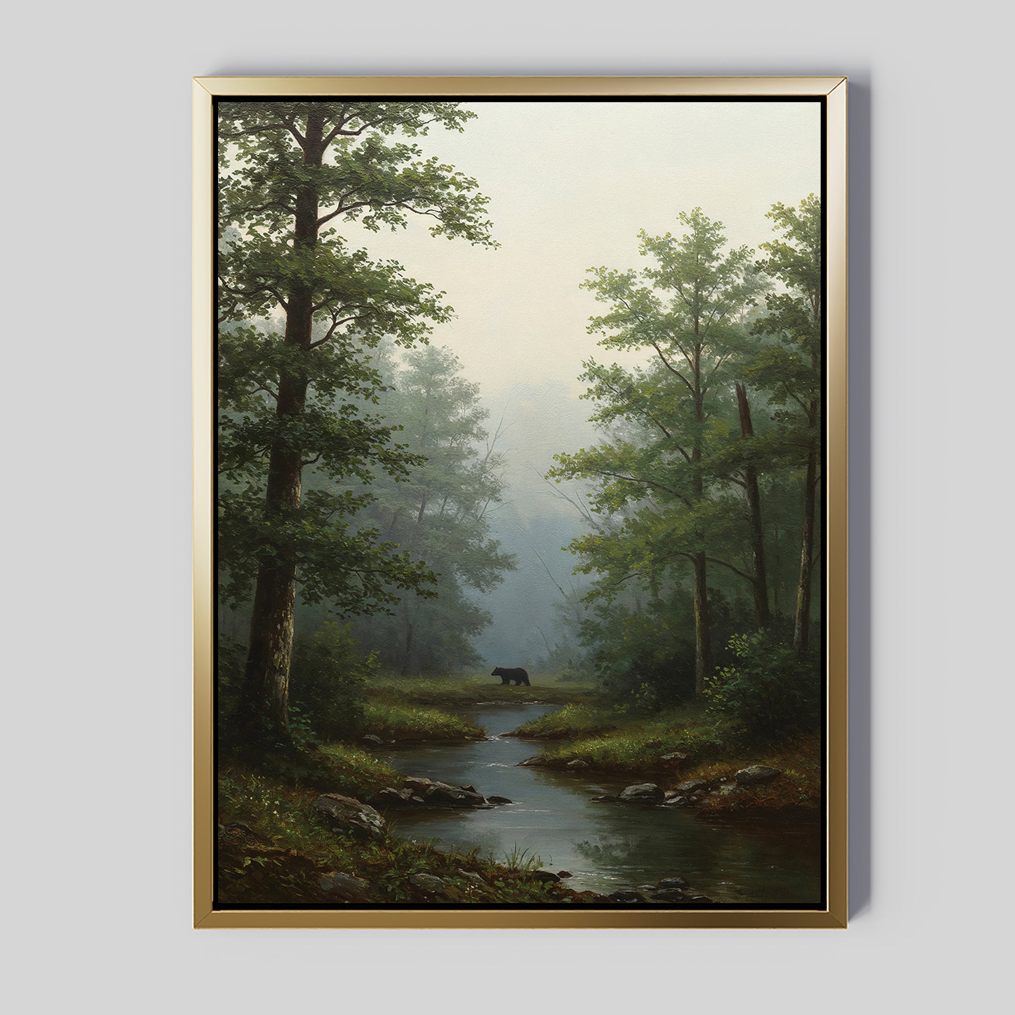 The Forest Passage Canvas Art features a misty forest with tall trees, a small creek, and a black bear by the water on a light gray background—perfect rustic wall decor for your bedroom.