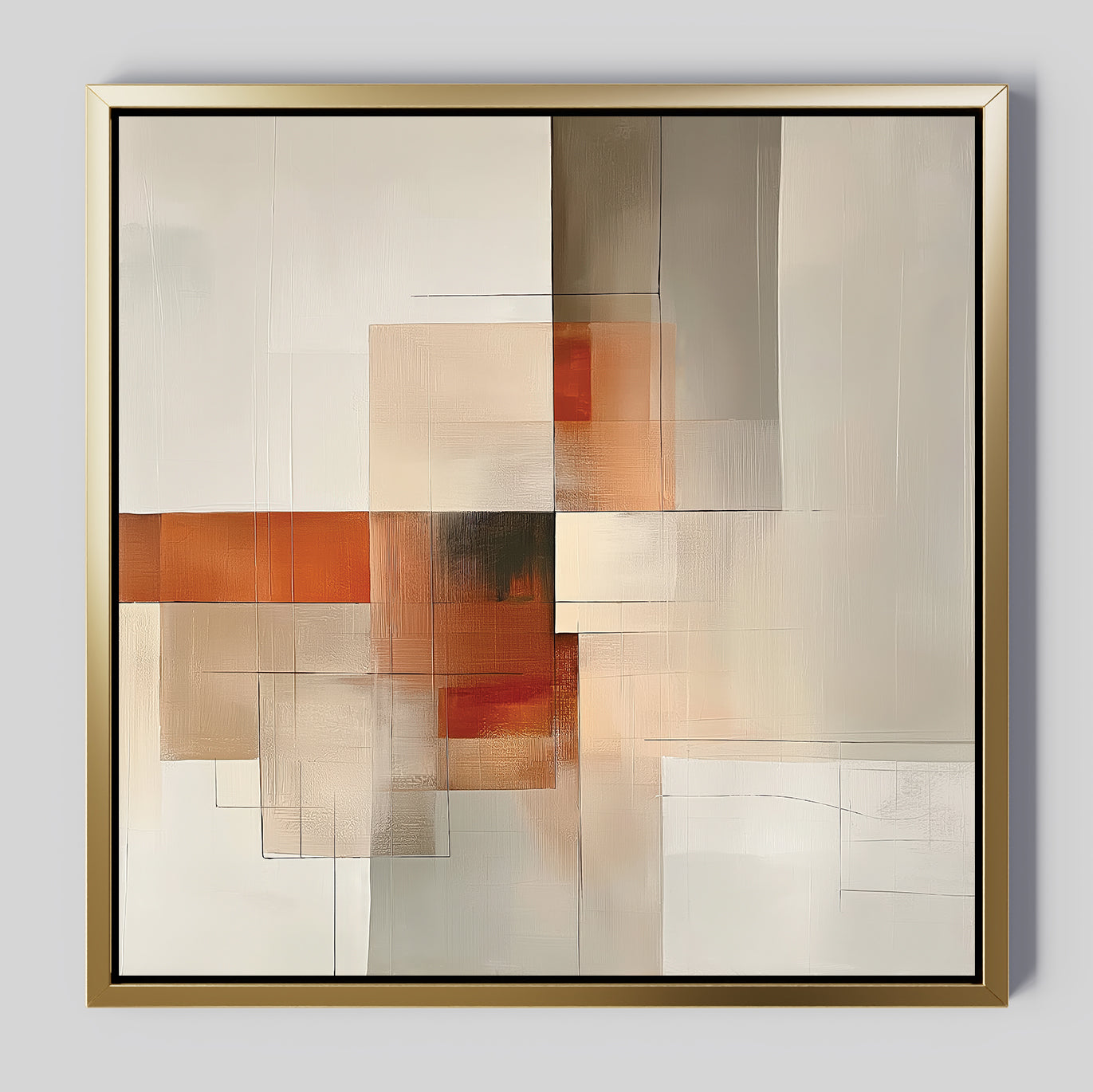 Fractured Light Canvas Art features overlapping rectangles in warm beige, cream, brown, and orange tones with gold framing. Soft gradients and subtle lines add depth, making this modern geometric print a striking wall accent.