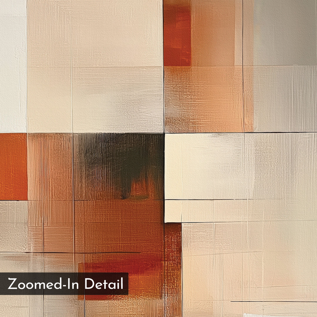 Fractured Light Canvas Art features abstract overlapping rectangles in warm cream, beige, brown, and orange tones. Visible brushstrokes add texture to this modern piece. A black label in the bottom left reads “Zoomed-In Detail.”.