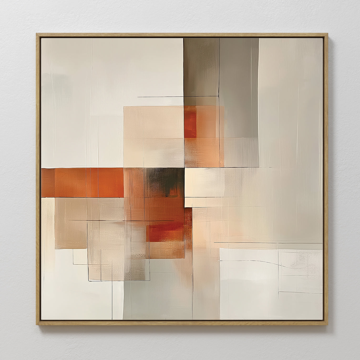 Fractured Light Canvas Art showcases overlapping rectangles in beige, white, orange, and brown with a gold frame. Soft brushstrokes and blurred edges create a modern geometric look on a light background.