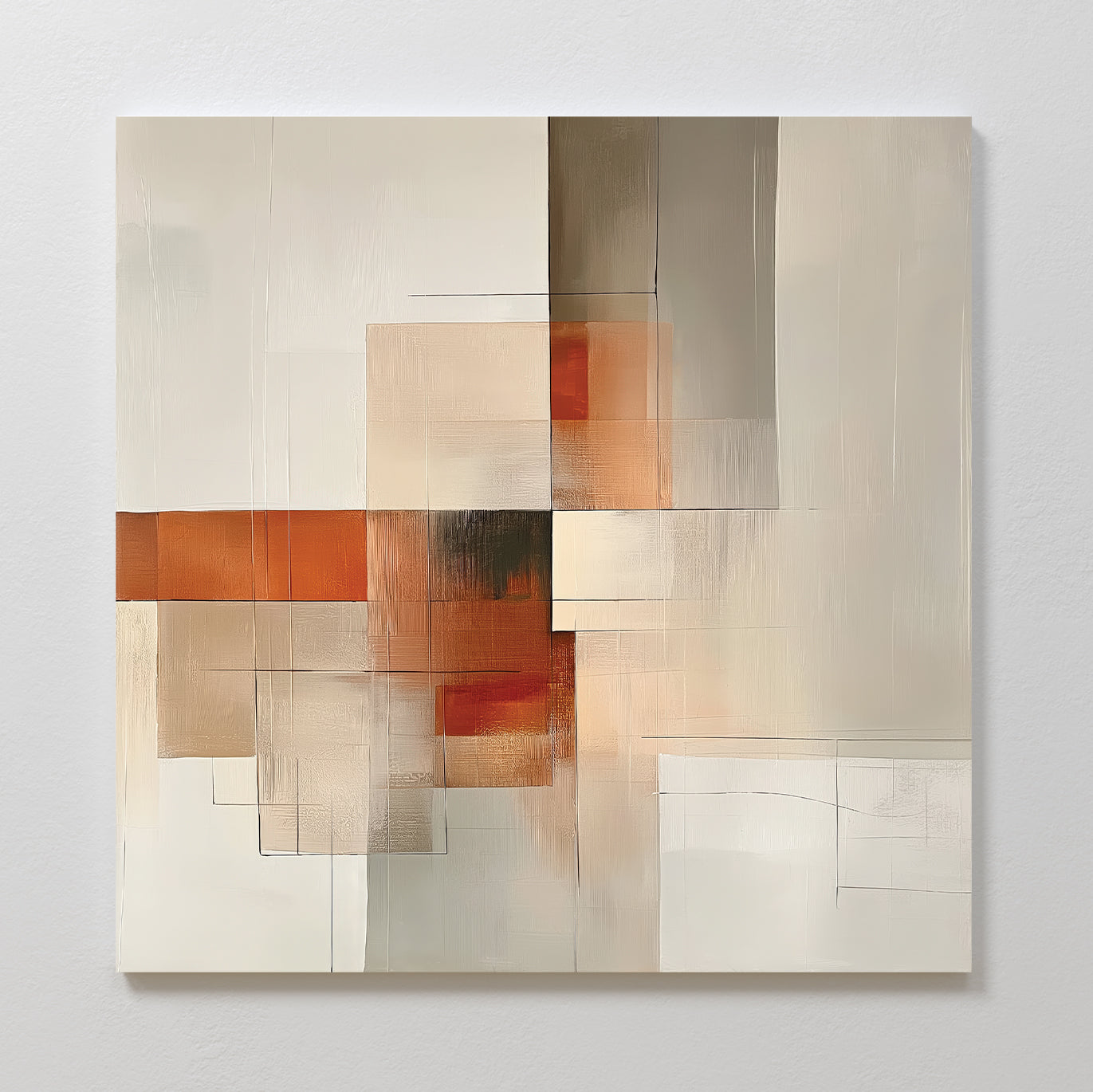 Fractured Light Canvas Art features overlapping rectangles in beige, brown, and orange with subtle lines and textured brushstrokes on a light background, creating a balanced, modern geometric look.