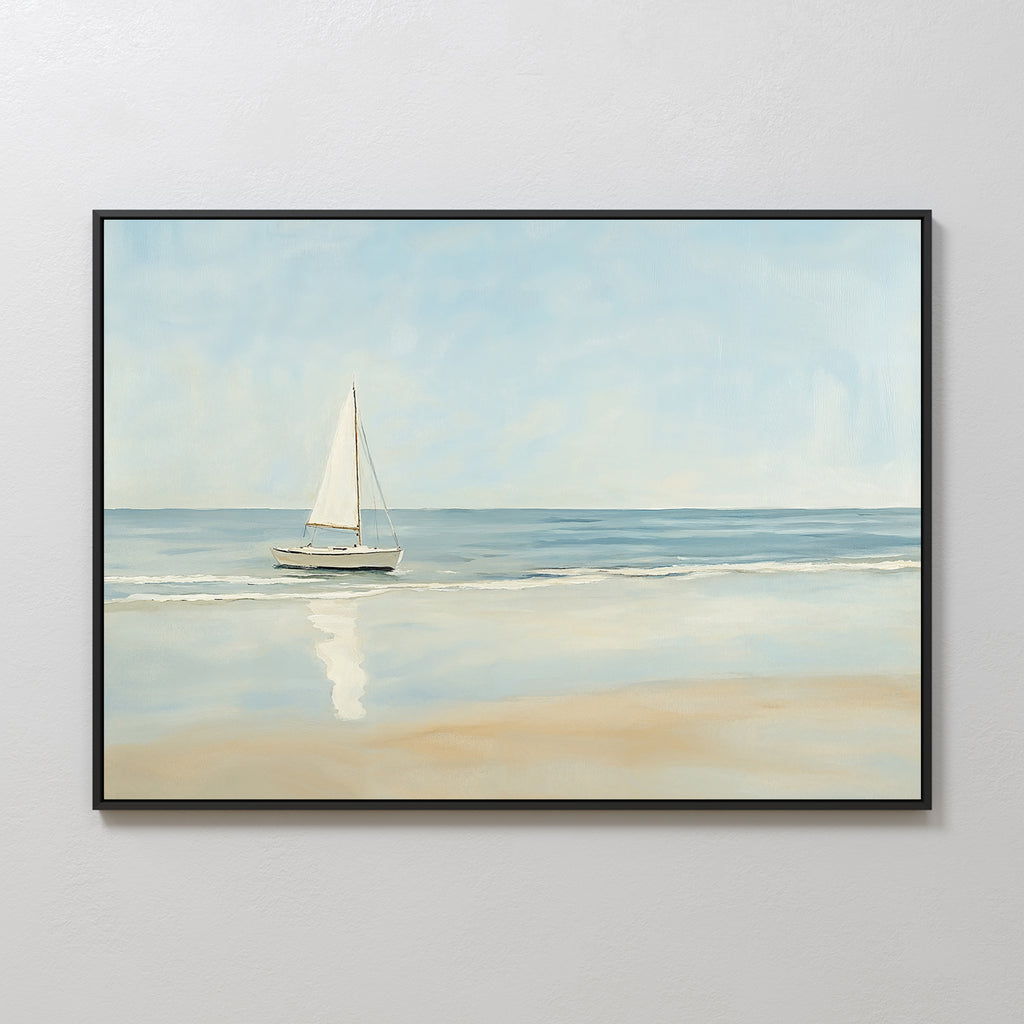 Freedoms Call Canvas Art features a sailboat gliding on calm blue water under a clear sky, its reflection shimmering near a sandy shore—an ideal piece for adding tranquil charm to your home decor.