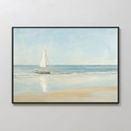 Freedoms Call Canvas Art features a sailboat gliding on calm blue water under a clear sky, its reflection shimmering near a sandy shore—an ideal piece for adding tranquil charm to your home decor.