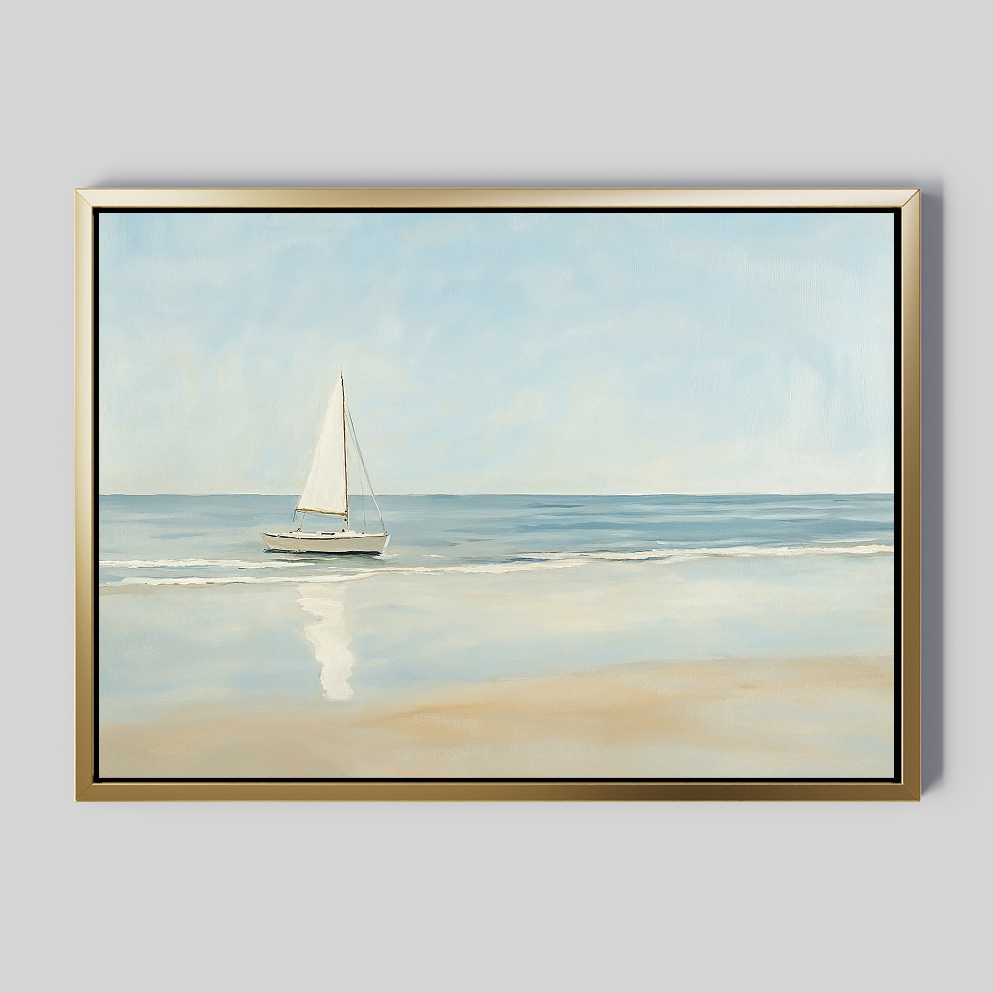 The Freedoms Call Canvas Art features a white sailboat on calm blue water, beautifully framed in gold against a light gray background, adding tranquil home decor to any space.