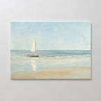 Freedoms Call Canvas Art features a sailboat on calm blue water near a sandy shore, under a clear sky. This serene wall art print is ideal for adding peaceful and elegant decor to any home or office space.