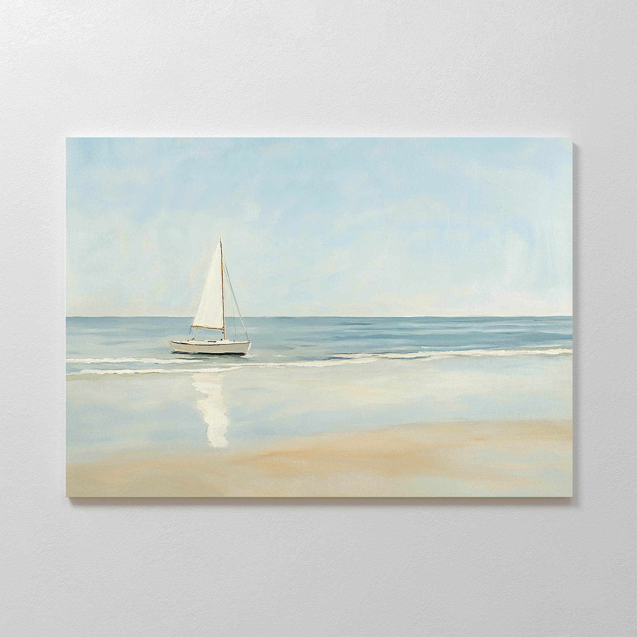Freedoms Call Canvas Art features a sailboat on calm blue water near a sandy shore, under a clear sky. This serene wall art print is ideal for adding peaceful and elegant decor to any home or office space.