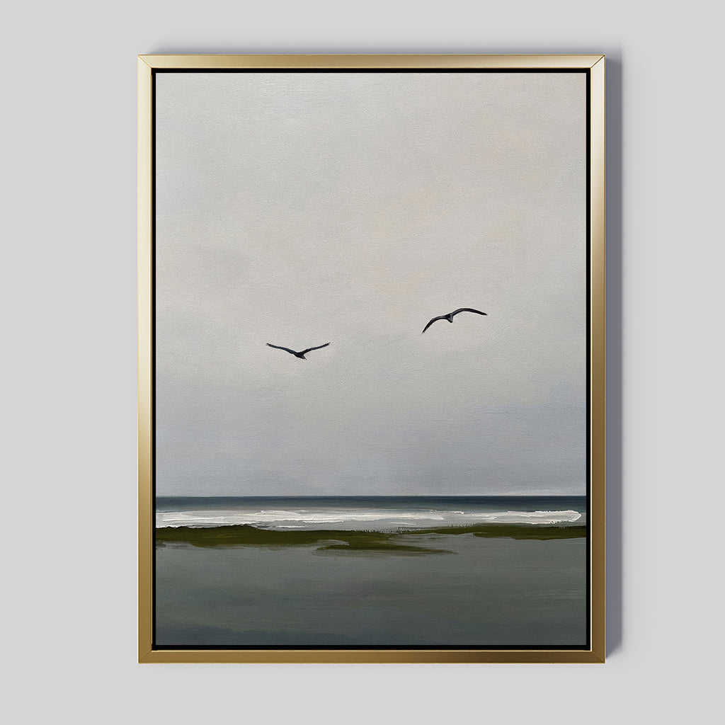 Freeflight Canvas Art: a framed painting featuring gentle waves, a cloudy sky, and two birds above the ocean on a light gray background—ideal minimalist wall art for creating serene, calming decor.