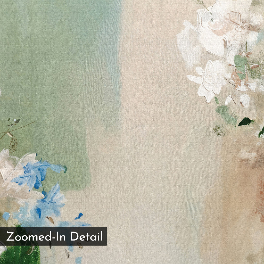 A close-up of Garden Bloom Canvas Art reveals abstract, soft pastel green, beige, and cream tones with delicate white and blue flowers. “Zoomed-In Detail” appears in the lower left—ideal for adding elegance to your decor.