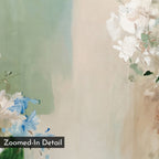 A close-up of Garden Bloom Canvas Art reveals abstract, soft pastel green, beige, and cream tones with delicate white and blue flowers. “Zoomed-In Detail” appears in the lower left—ideal for adding elegance to your decor.