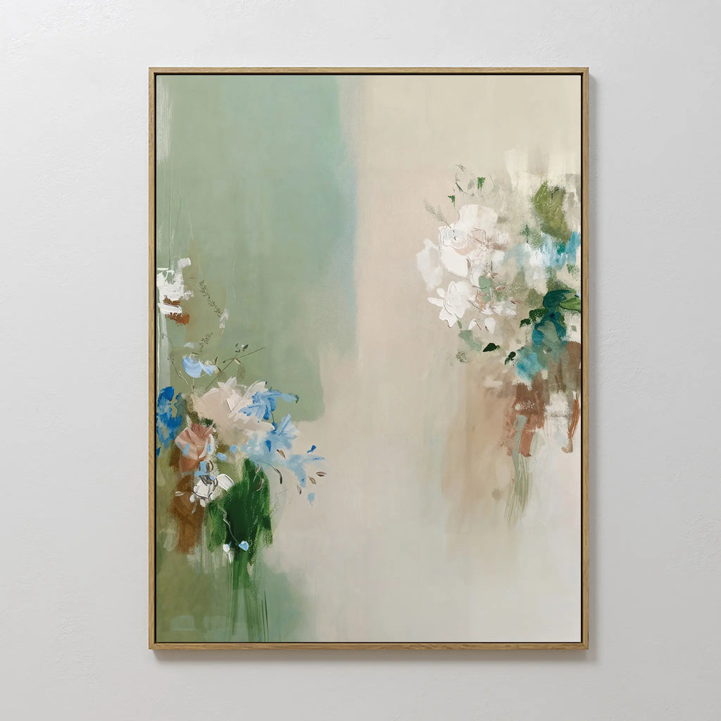Garden Bloom Canvas Art: An elegant abstract piece with soft green, beige, and cream hues, accented by blue, white, and brown floral clusters. Framed in gold and perfect for adding a refined touch to any plain white wall.