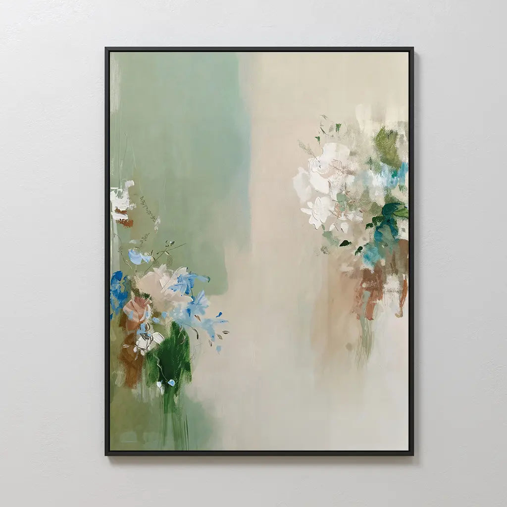 Garden Bloom Canvas Art features framed abstract floral design with white, blue, and light brown flowers on a soft green-beige background and brushstroke textures—ideal for adding elegance to your decor.