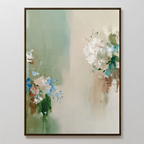 Elegant decor comes to life with the Garden Bloom Canvas Art, featuring soft, abstract florals in white, blue, and brown on a beige-green canvas, beautifully framed and displayed against a white wall.