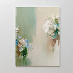 Garden Bloom Canvas Art features a soft, abstract painting with muted green and beige tones, accented by delicate white and blue flowers—an elegant canvas print perfect for refined floral wall decor.
