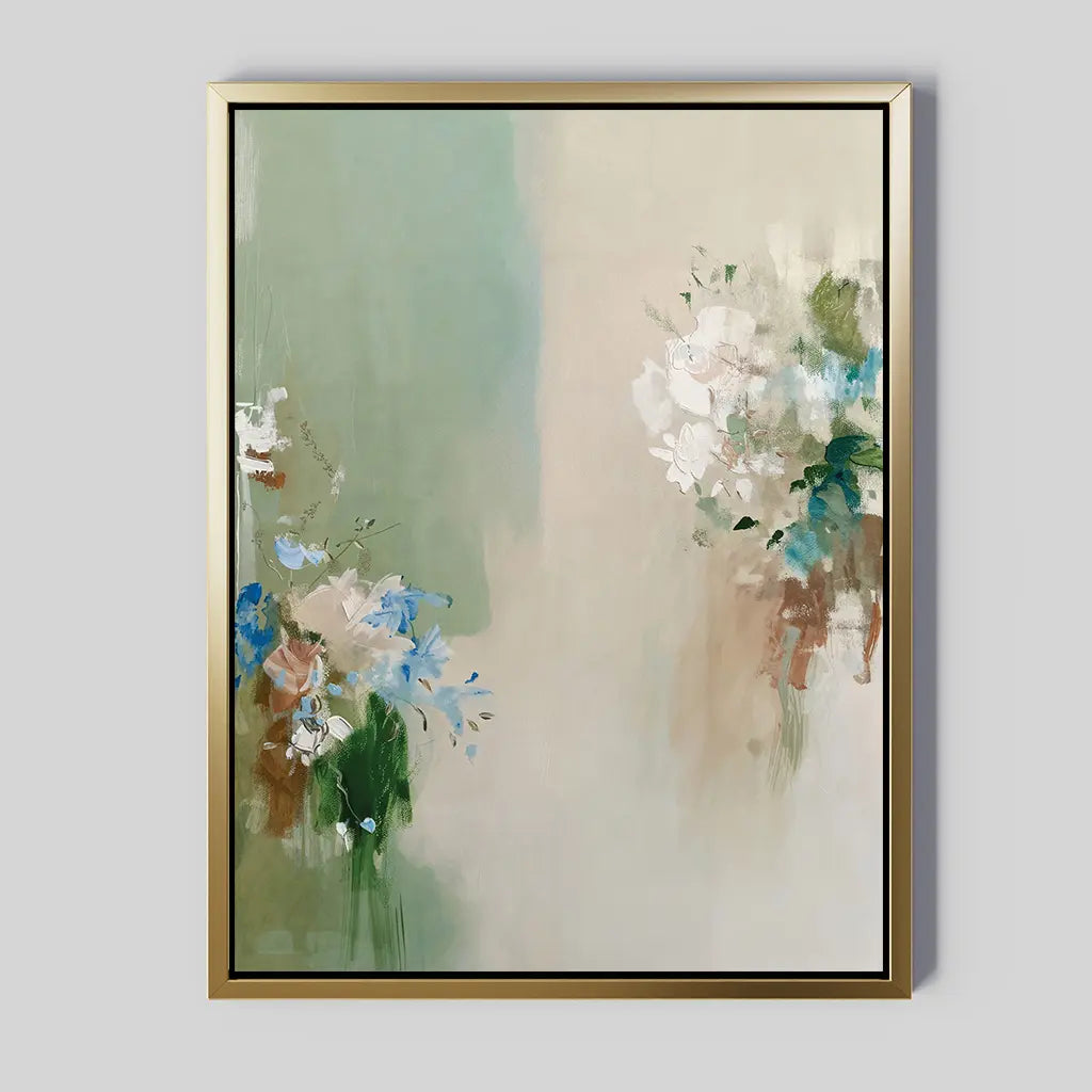Garden Bloom Canvas Art: Framed abstract print with soft pastel green and beige backgrounds, featuring delicate impressionistic white, blue, and brown florals—ideal for elegant home décor.
